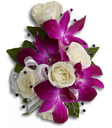 Orchids and Roses Corsage from Maplehurst Florist, local flower shop in Essex Junction